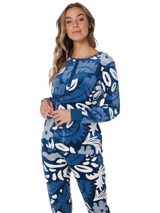 Pastunette Warme velours pyjama geprint - Blue Bloom 121252-158-1 - Donker Blauw