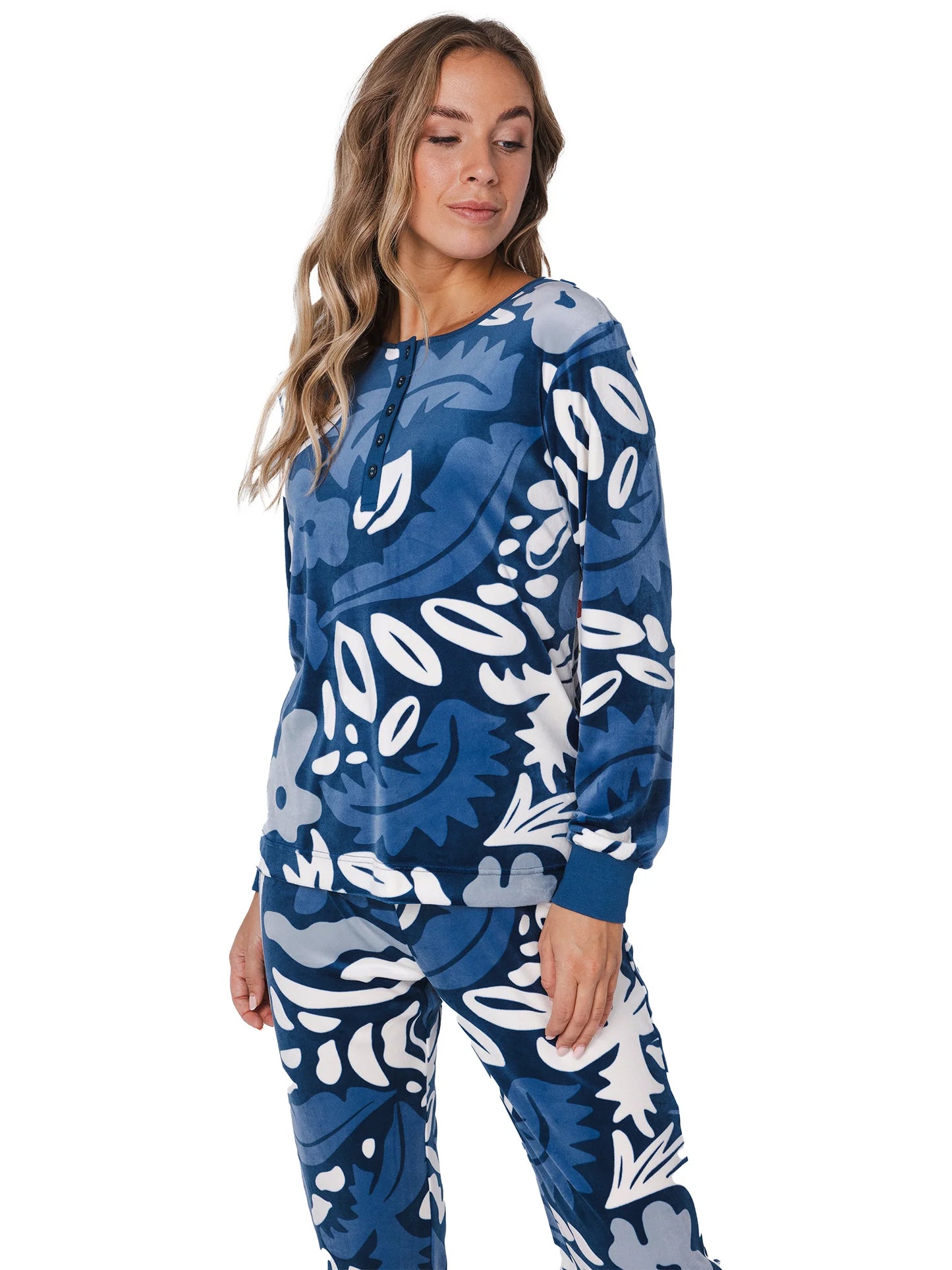 Pastunette Warme velours pyjama geprint - Blue Bloom 121252-158-1 - Donker Blauw