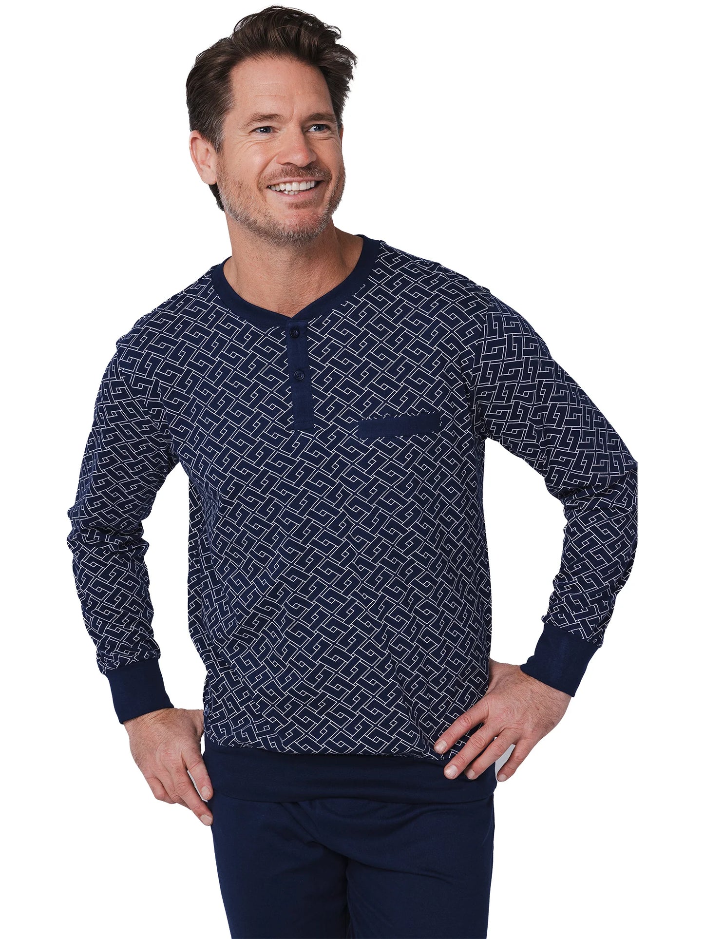 Pastunette heren pyjama met boorden grafische print - Linear 122252-544-1 - Donker blauw