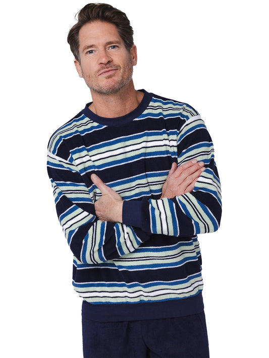 Robson heren pyjama badstof ronde hals gestreept - 122252-814-1 - Donker blauw