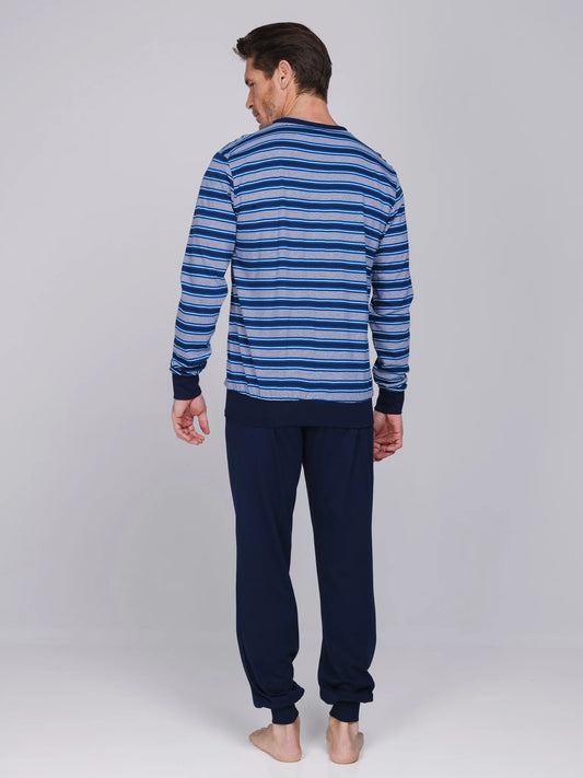 Pastunette heren pyjama met boorden gestreept - Blue Draft 122262-520-1 - Donker blauw
