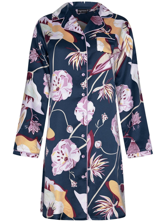 Pastunette Premium Satijnen Nachthemd doorknoop - 15242-316-6 - donkerblauw bloemen