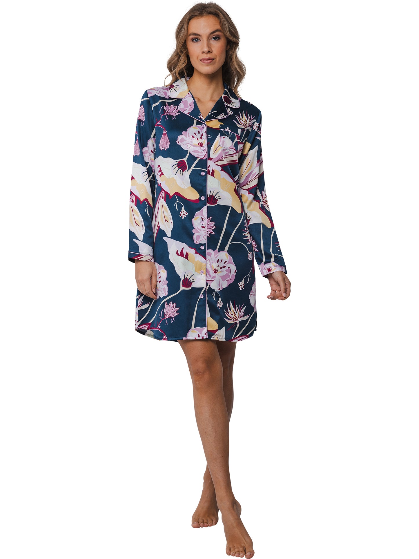 Pastunette Premium Satijnen Nachthemd doorknoop - 15242-316-6 - donkerblauw bloemen
