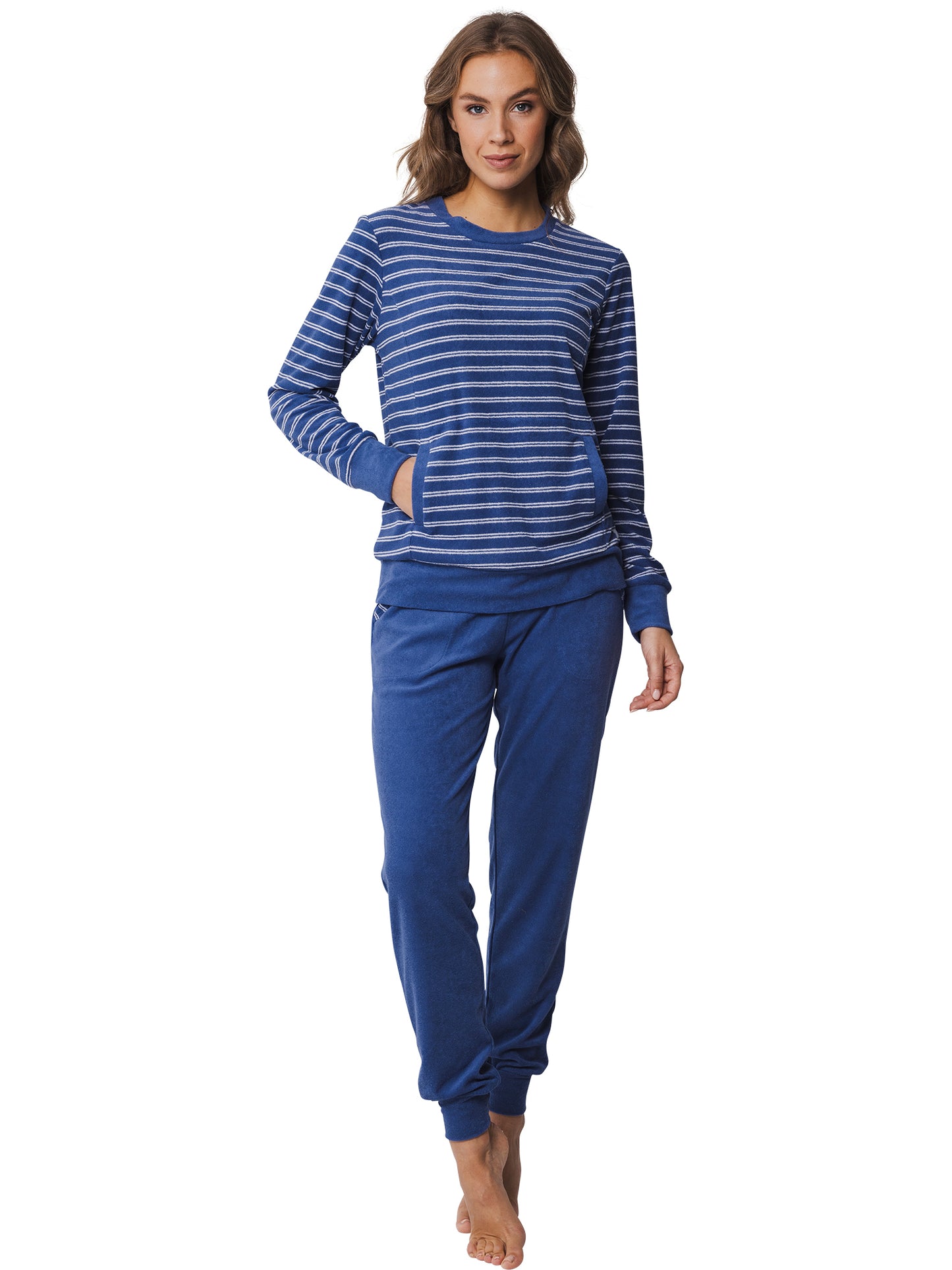 Pastunette pyjama badstof gestreept met kangoeroezak - 20242-104-2 - Blauw