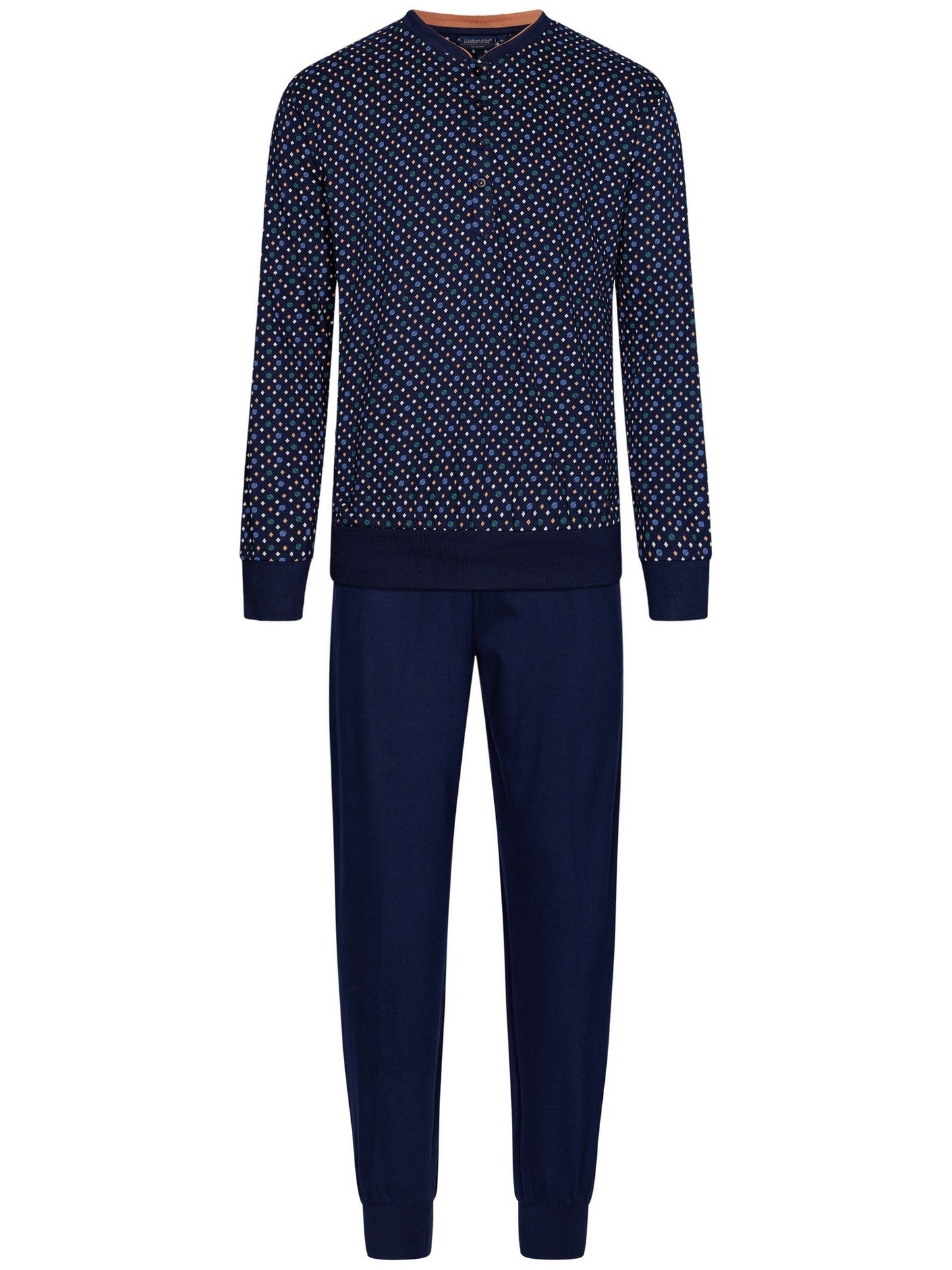 Pastunette heren Pyjama knoopsluiting en boorden - 23242-612-4 - Donker blauw/ oker