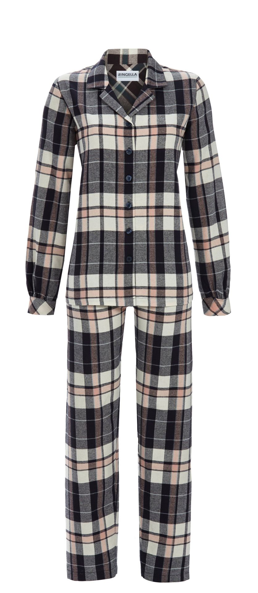 Ringella flannellen pyjama doorknoop - 5517205 - Donker blauw roze geruit