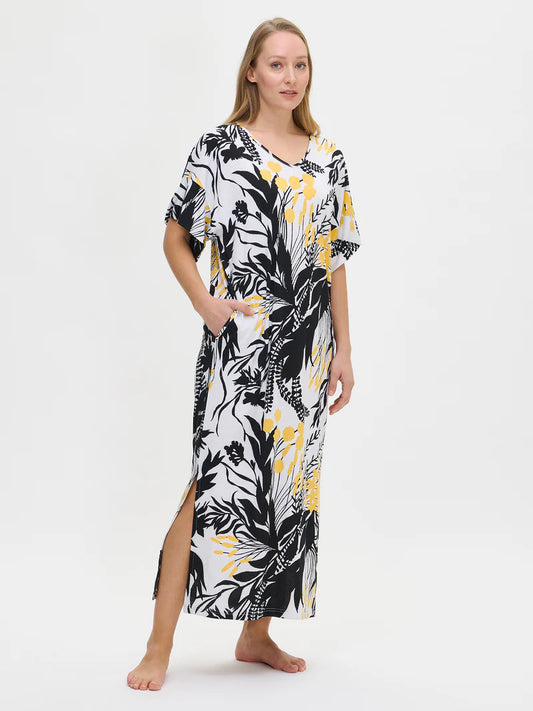 Nanso dames Kaftan lang nachthemd korte mouw - PUUTARHA 28856 - Geel (2621)