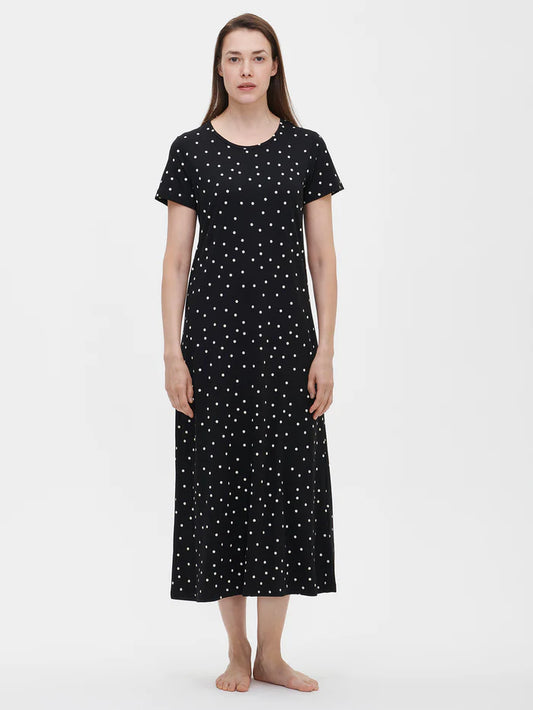 Nanso lang nachthemd korte mouw - PALLO 28782 - Zwart wit gestipt