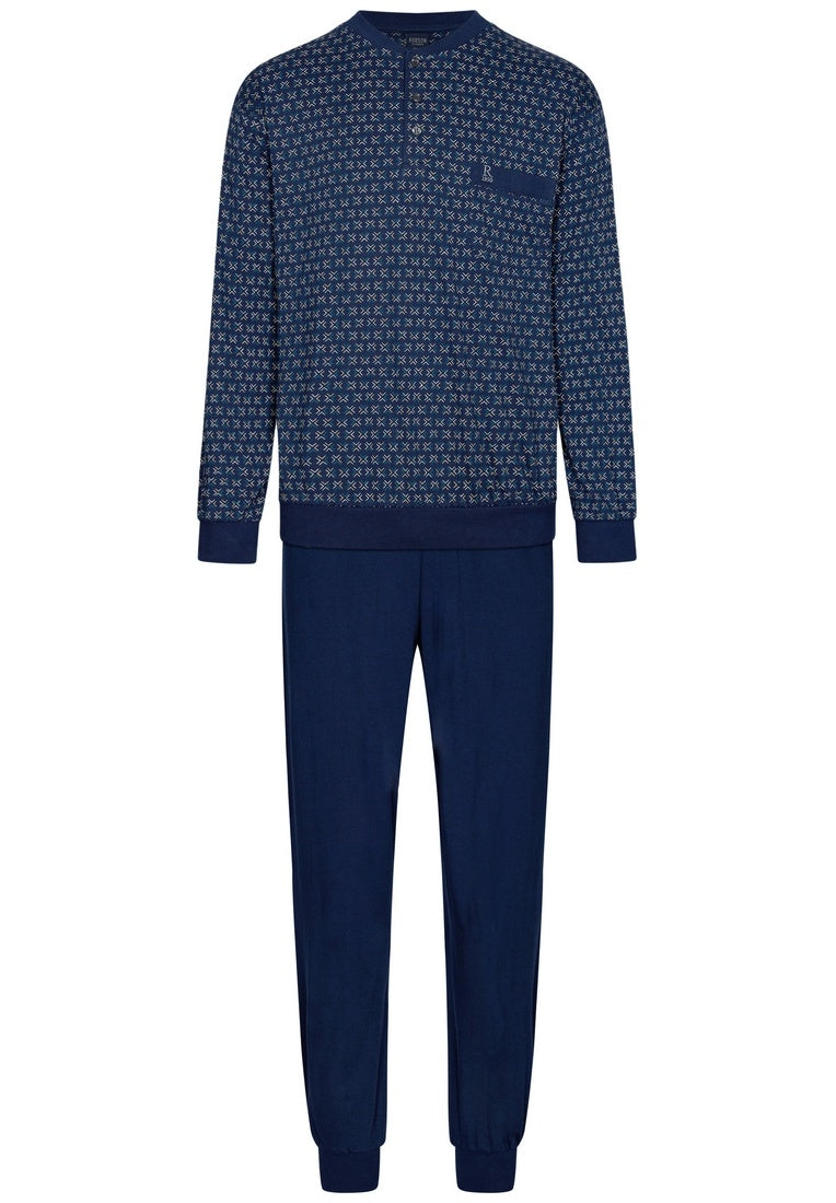 Robson heren pyjama knoopsluiting met boorden - 27242-716-4 - donker blauw