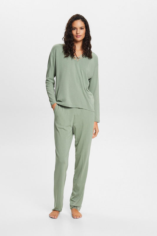 Esprit Pyjama effen met V hals - 093ER1Y324 - Dusty Green