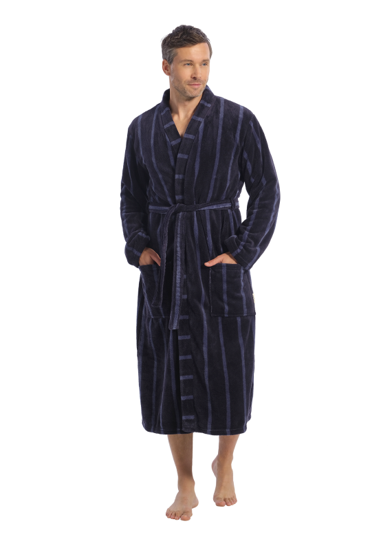 Ten Cate heren badjas ochtendjas fleece - 60576 - Navy blue stripe