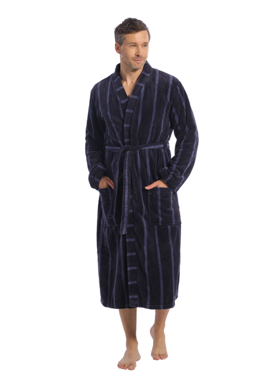 Ten Cate heren badjas ochtendjas fleece - 60576 - Navy blue stripe
