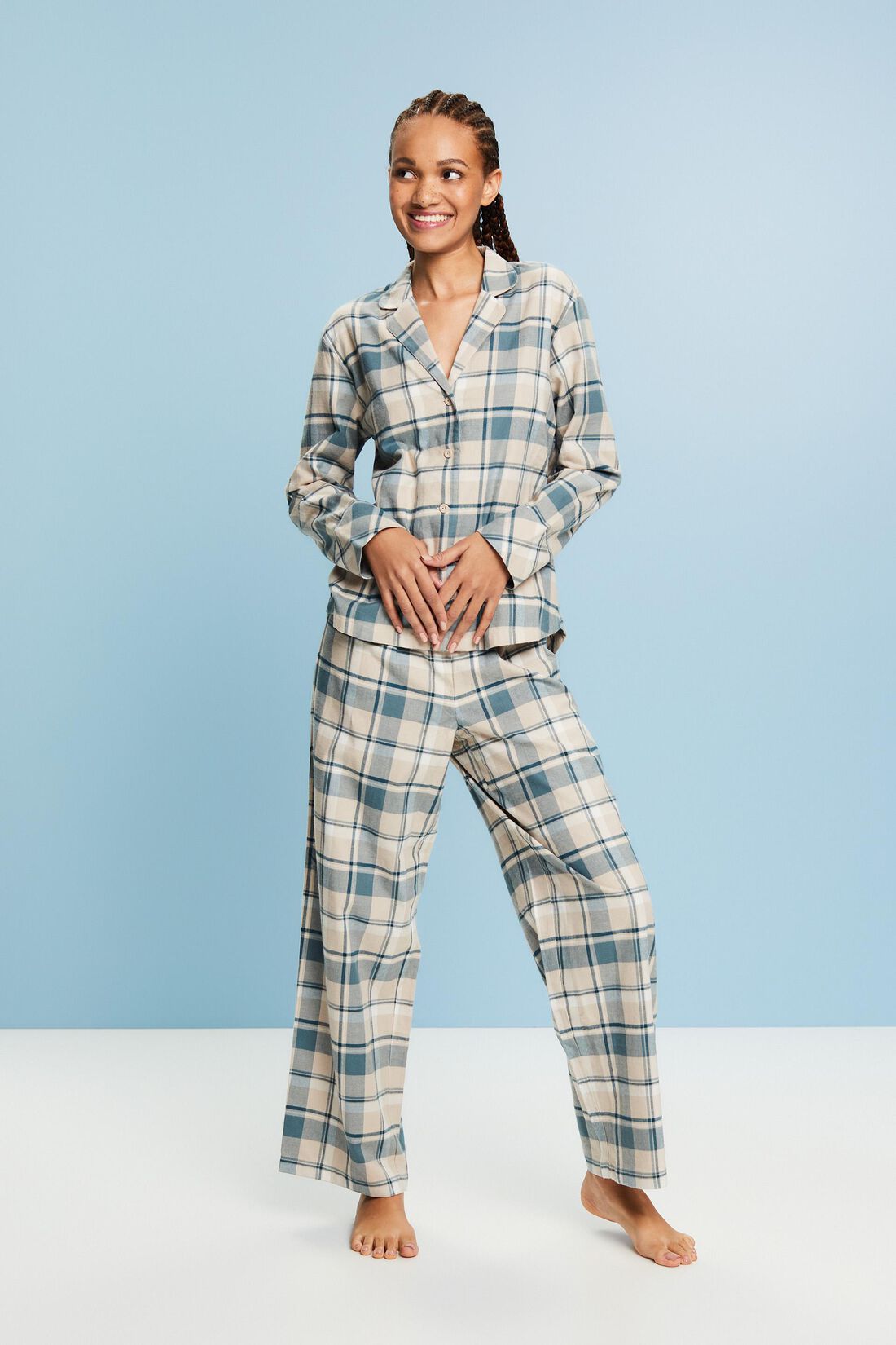Esprit flannelen Pyjama doorknoop met kraag - 103ER1Y301 - Teal Blue