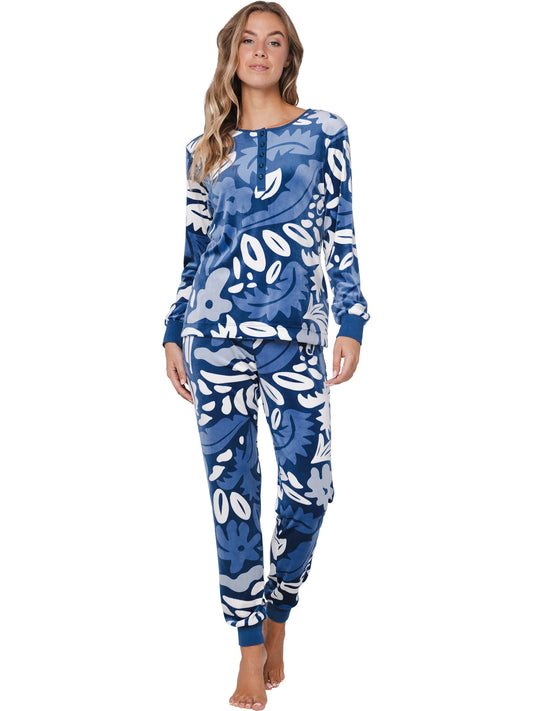 Pastunette Warme velours pyjama geprint - Blue Bloom 121252-158-1 - Donker Blauw