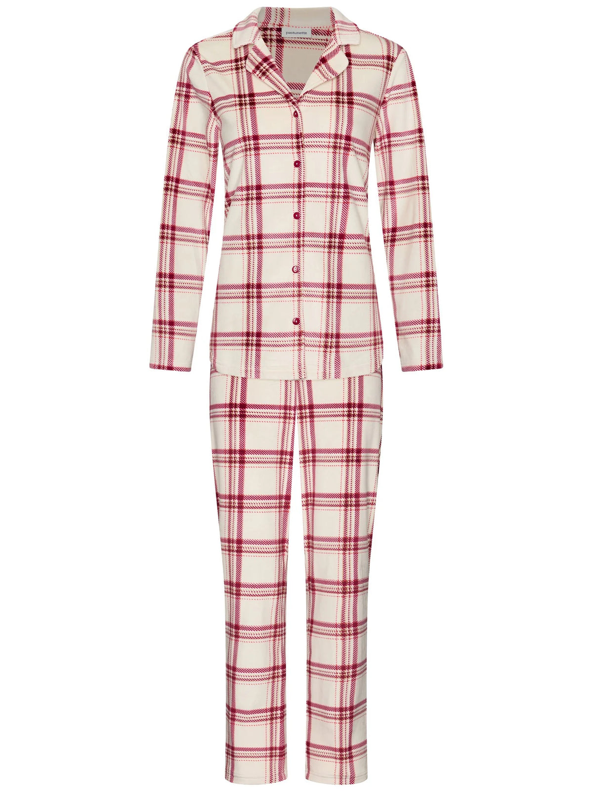 Pastunette warme Pyjama doorknoop - Alpine Creme 121262-102-2 - Donker rood geruit