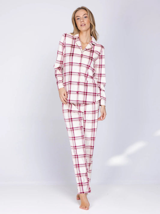 Pastunette warme Pyjama doorknoop - Alpine Creme 121262-102-2 - Donker rood geruit