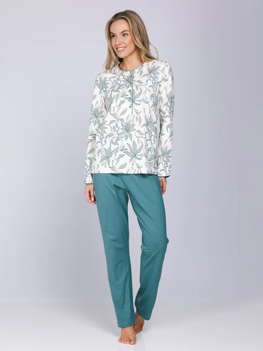 Pastunette Pyjama met knoopsluiting serie Nordic leaf - 121262-126-1 - Groen