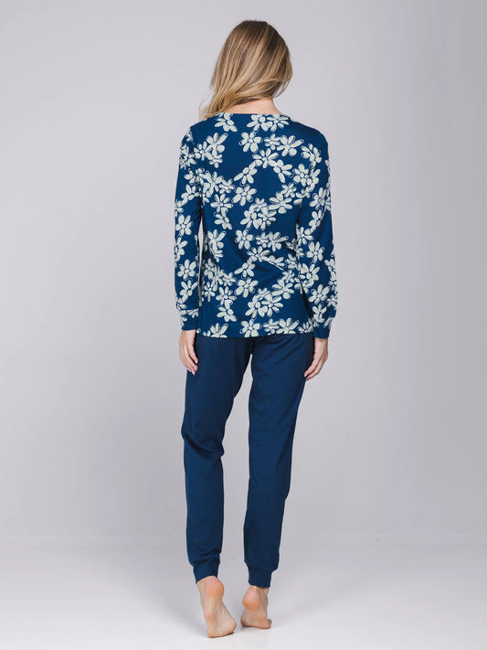 Pastunette Pyjama met boorden serie Nordic Bloom - 121262-146-1 - Donker Blauw