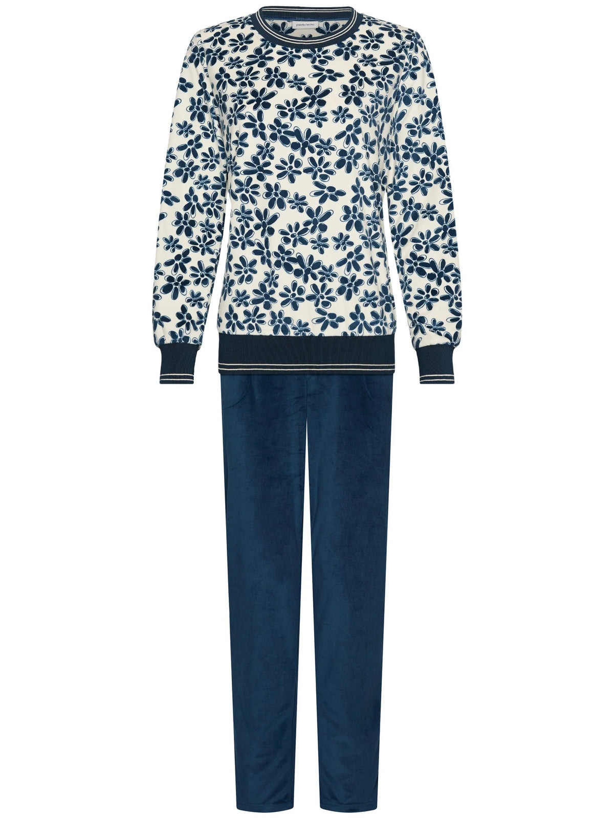 Pastunette warme fleece Pyjama met boorden - Nordic Bloom 121262-152-1 - Donker blauw