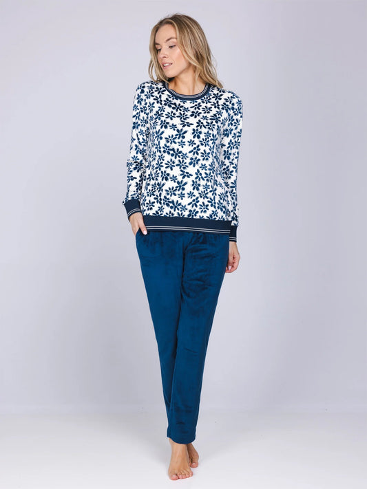 Pastunette warme fleece Pyjama met boorden - Nordic Bloom 121262-152-1 - Donker blauw