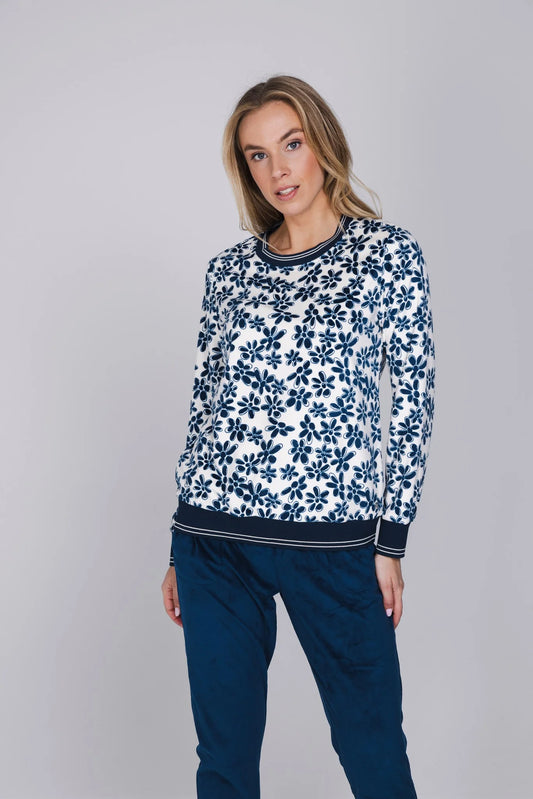 Pastunette warme fleece Pyjama met boorden - Nordic Bloom 121262-152-1 - Donker blauw