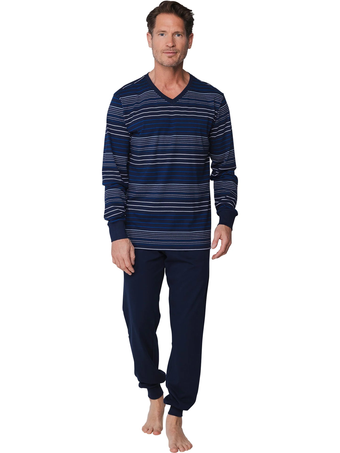 Pastunette heren pyjamashirt gestreept met boorden - 142199-504-1 - Donker Blauw
