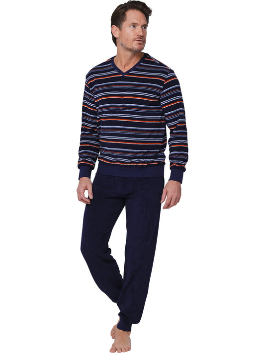 Pastunette heren pyjama badstof V hals gestreept - Navy Nights 122252-518-1 - Donker blauw