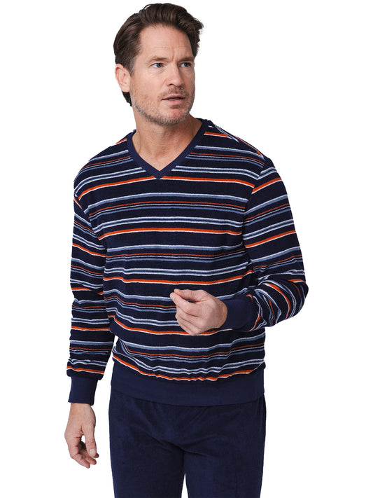 Pastunette heren pyjama badstof V hals gestreept - Navy Nights 122252-518-1 - Donker blauw