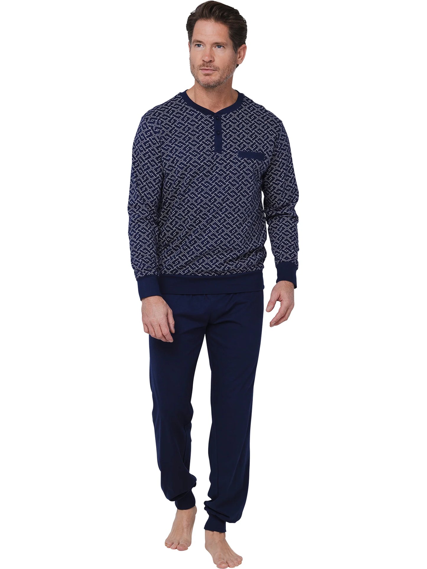 Pastunette heren pyjama met boorden grafische print - Linear 122252-544-1 - Donker blauw