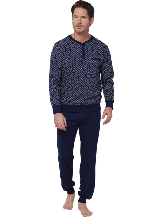 Pastunette heren pyjama met boorden grafische print - Linear 122252-544-1 - Donker blauw