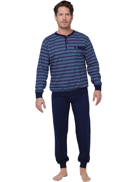 Robson heren pyjama met boorden zigzag print - 122252-800-1 - Donker blauw