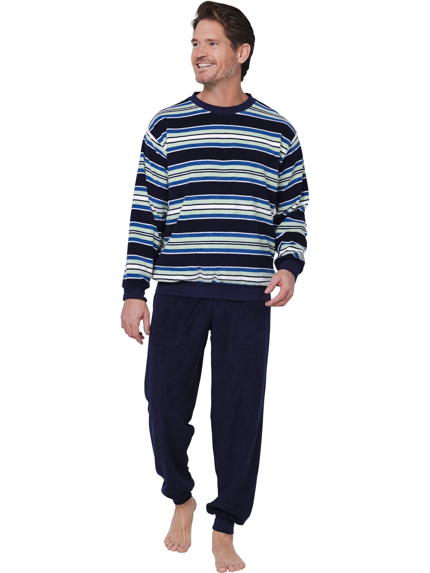 Robson heren pyjama badstof ronde hals gestreept - 122252-814-1 - Donker blauw