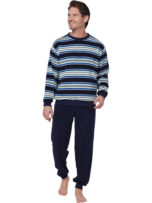 Robson heren pyjama badstof ronde hals gestreept - 122252-814-1 - Donker blauw