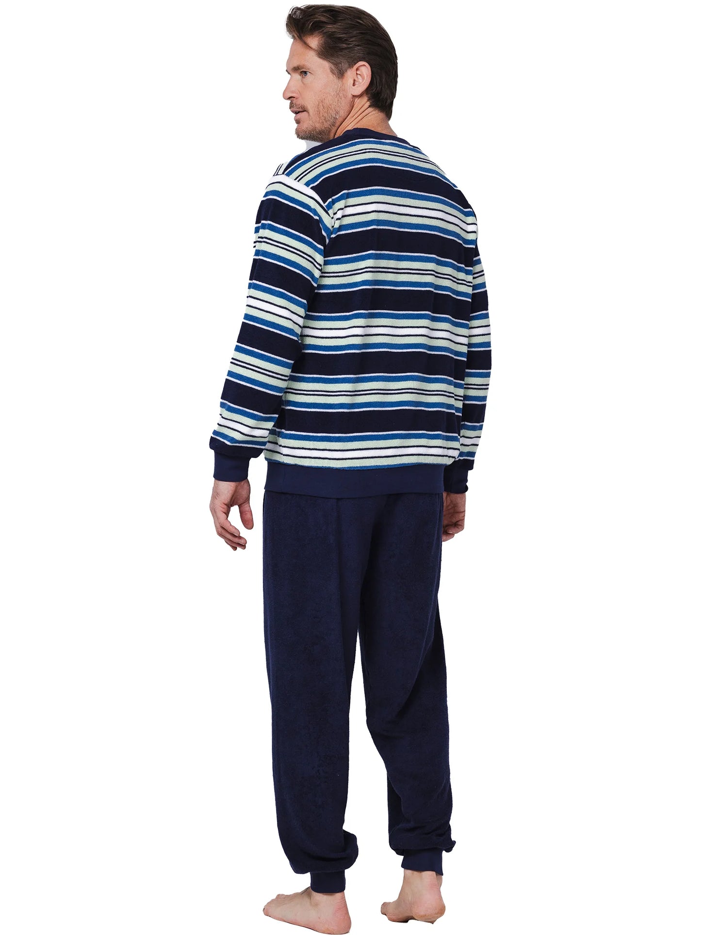 Robson heren pyjama badstof ronde hals gestreept - 122252-814-1 - Donker blauw