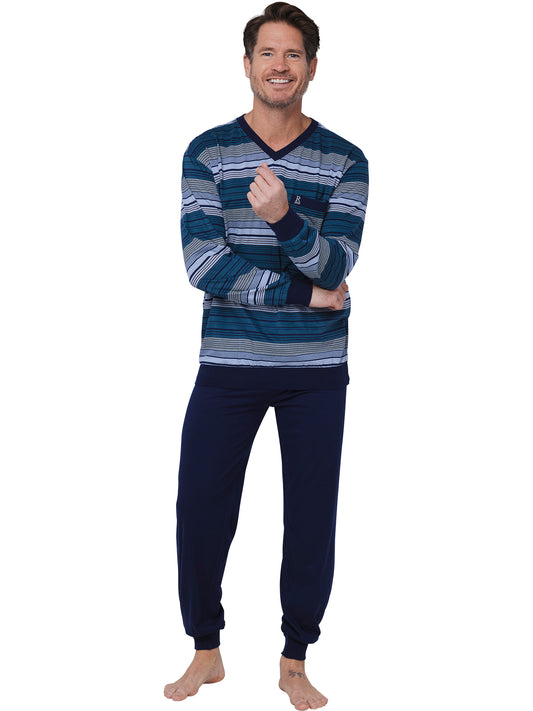 Robson heren pyjama met boorden gesteept - 122252-816-1 - Donker blauw