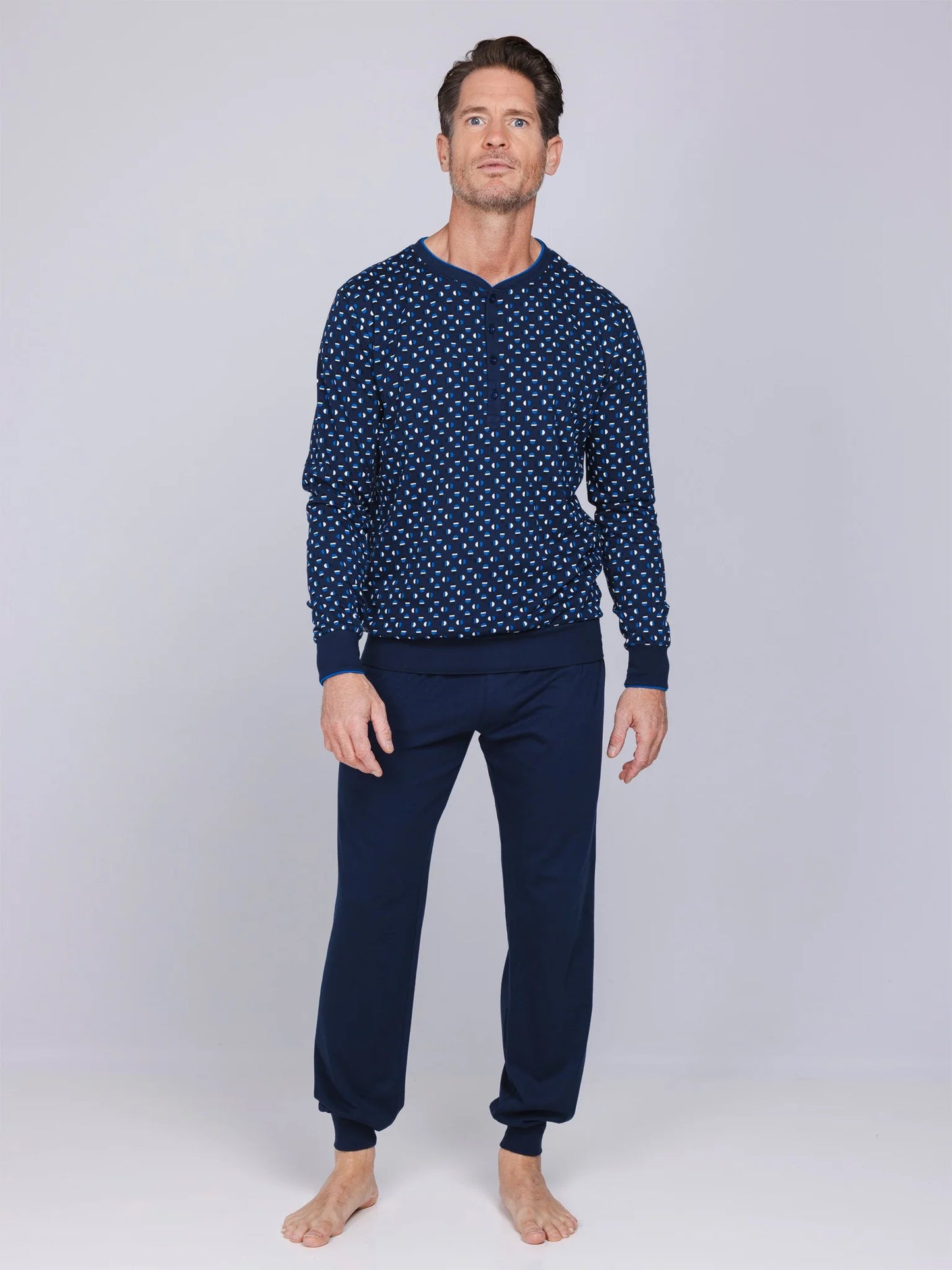 Pastunette heren pyjama met boorden grafische print - Blue Draft 122262-516-1 - Donker blauw