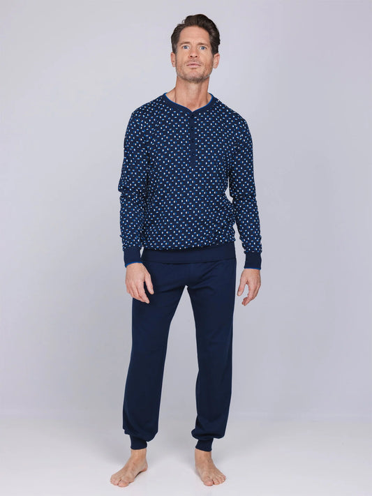 Pastunette heren pyjama met boorden grafische print - Blue Draft 122262-516-1 - Donker blauw