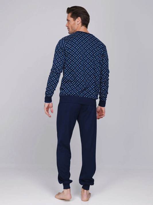 Pastunette heren pyjama met boorden grafische print - Blue Draft 122262-516-1 - Donker blauw