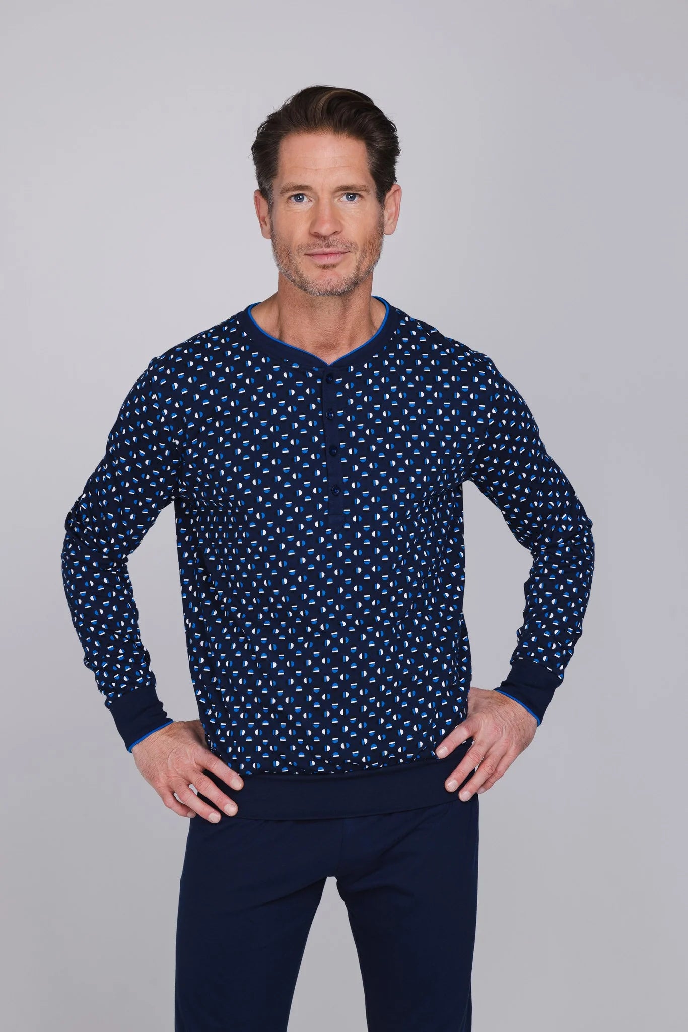 Pastunette heren pyjama met boorden grafische print - Blue Draft 122262-516-1 - Donker blauw