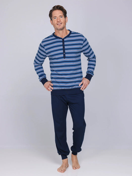 Pastunette heren pyjama met boorden gestreept - Blue Draft 122262-520-1 - Donker blauw