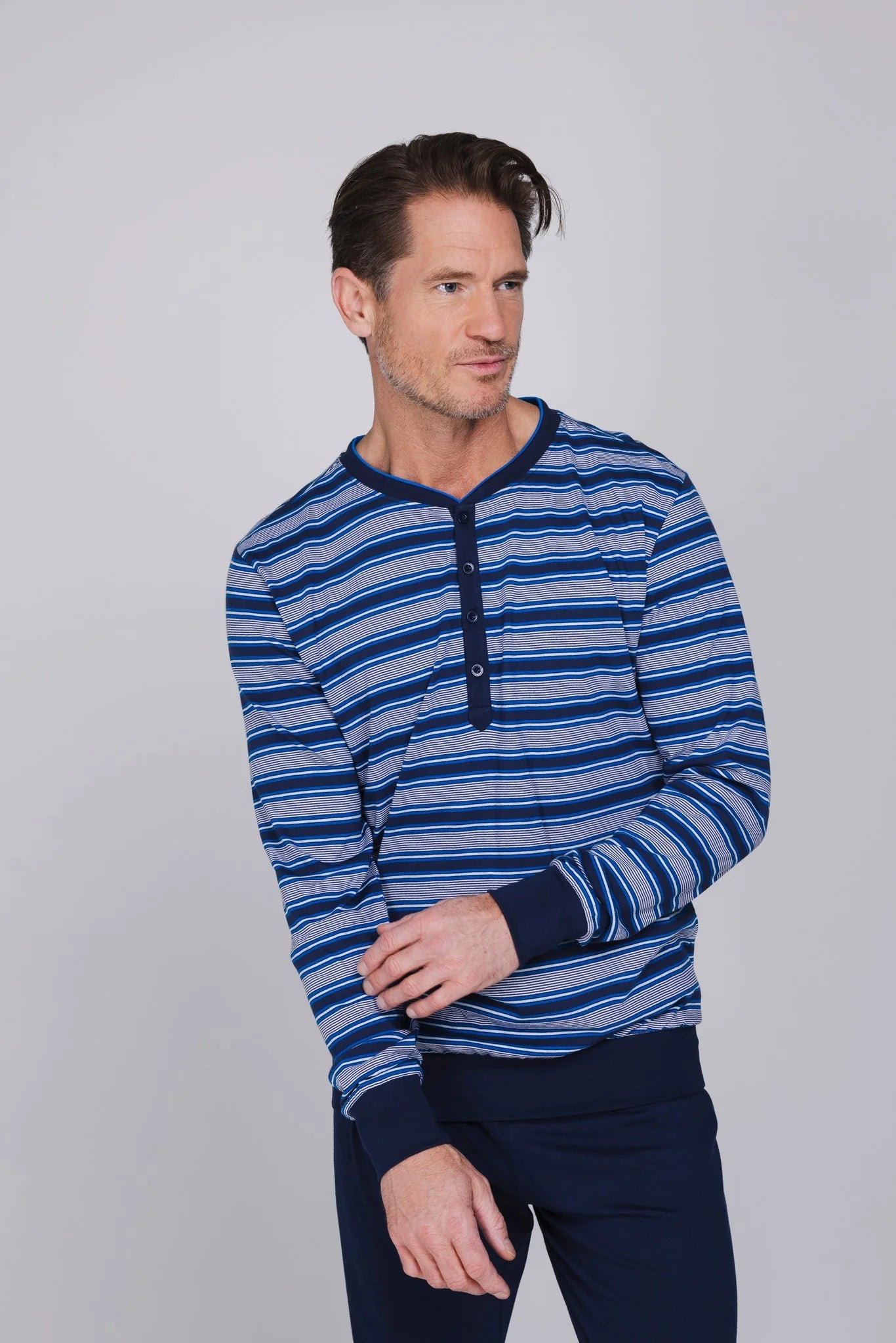 Pastunette heren pyjama met boorden gestreept - Blue Draft 122262-520-1 - Donker blauw