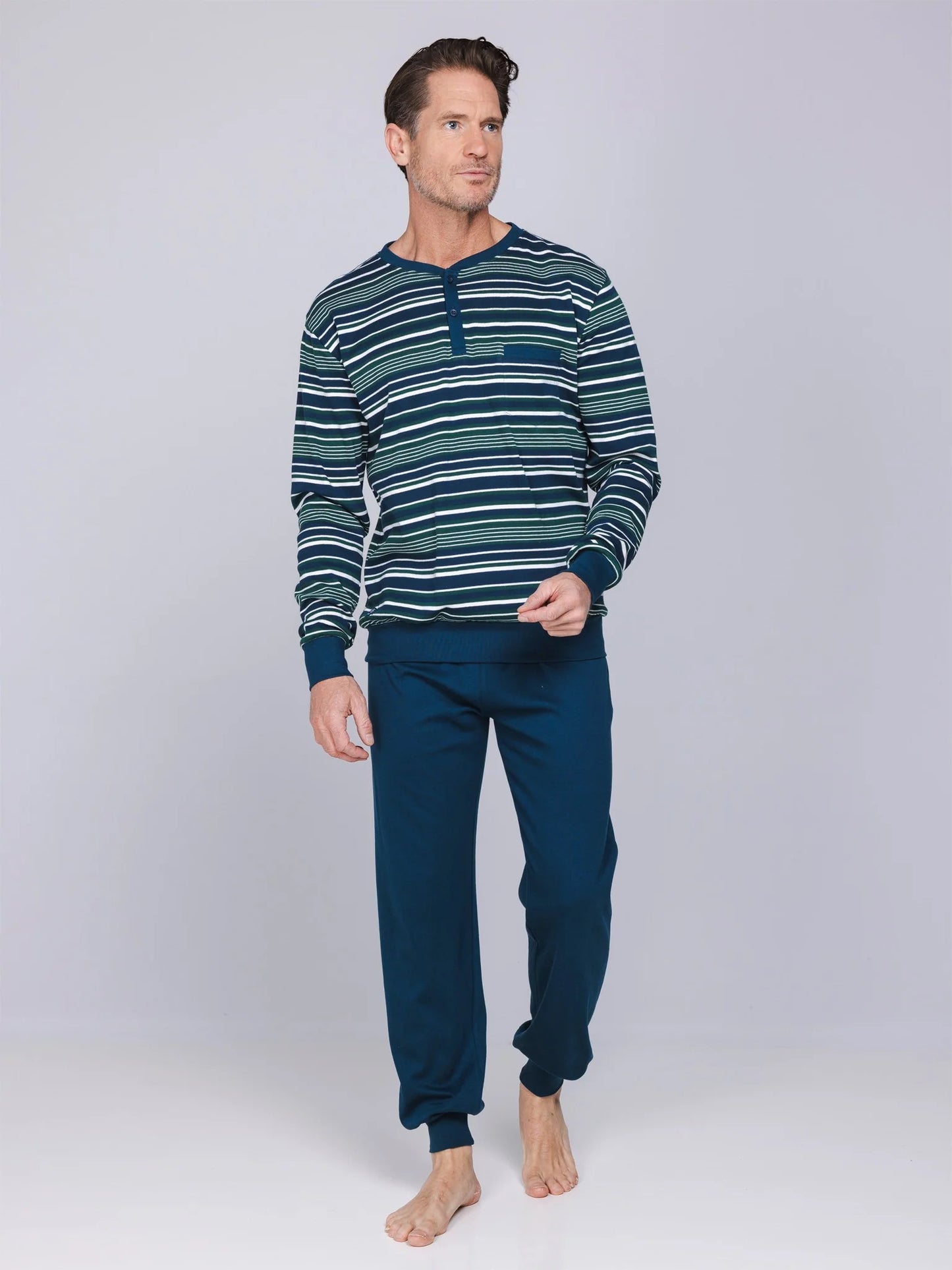 Pastunette warme heren pyjama met boorden gestreept - Lodge 122262-546-1 - Donker blauw