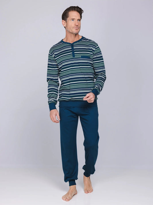Pastunette warme heren pyjama met boorden gestreept - Lodge 122262-546-1 - Donker blauw