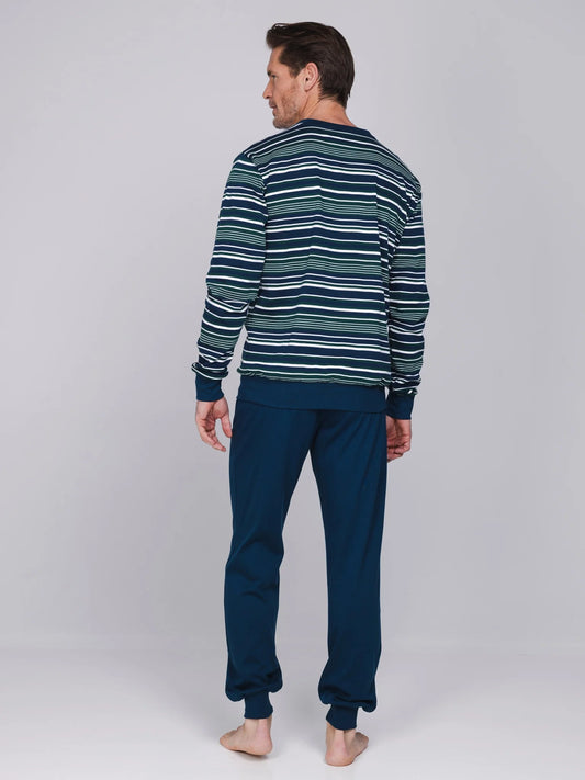 Pastunette warme heren pyjama met boorden gestreept - Lodge 122262-546-1 - Donker blauw