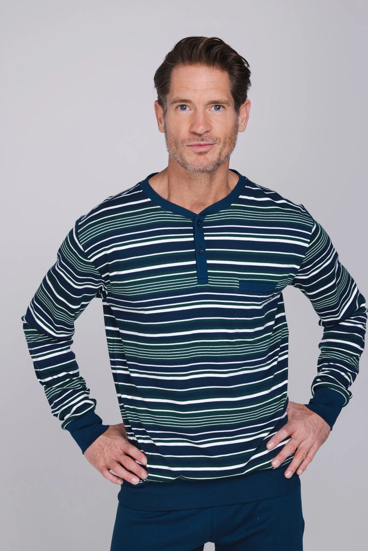 Pastunette warme heren pyjama met boorden gestreept - Lodge 122262-546-1 - Donker blauw