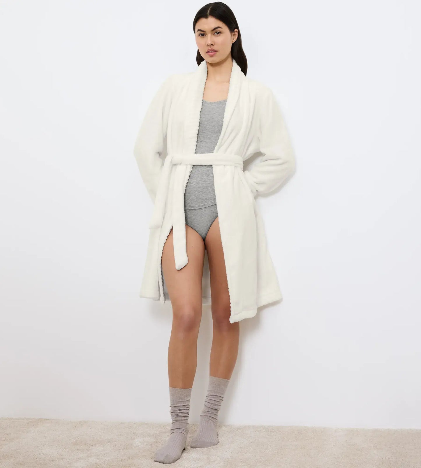 Triumph badjas met sjaalkraag en omslag - Robes Fleece Robe 01 R* - Ivoor