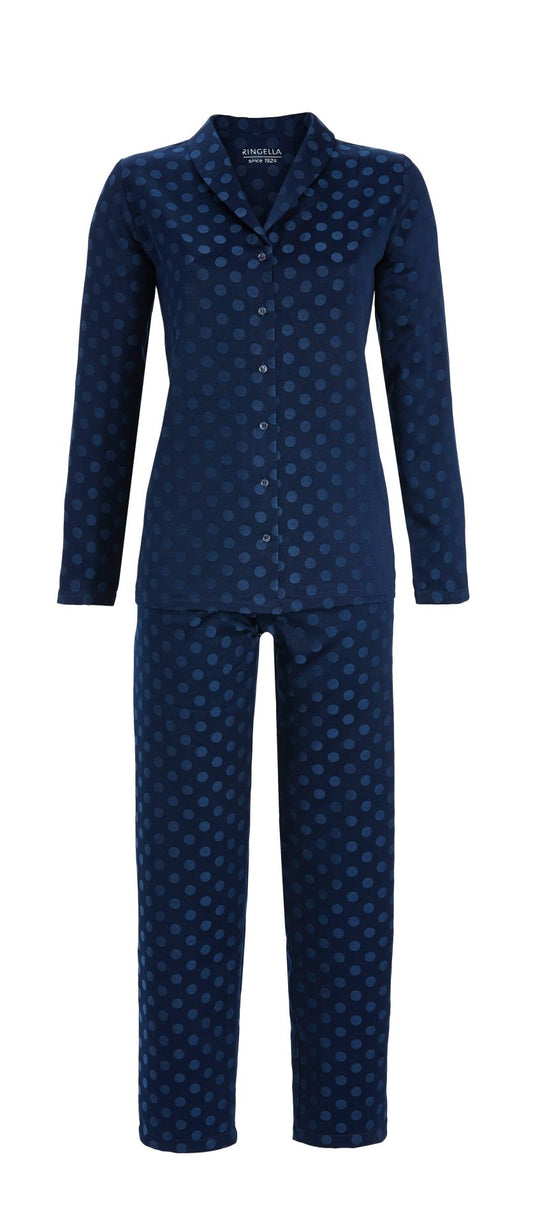 Ringella satijnen pyjama doorknoop - 5512249 - Donker blauw gestipt