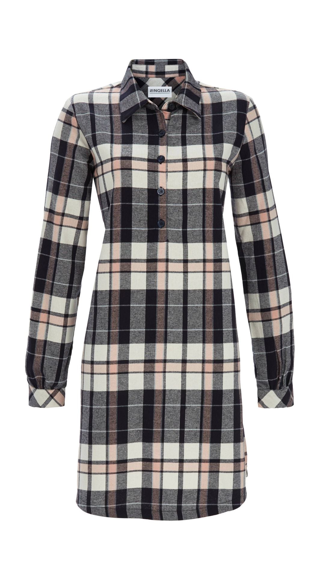 Ringella Flanellen Nachthemd met kraag - 5517005 - Donker blauw roze geruit