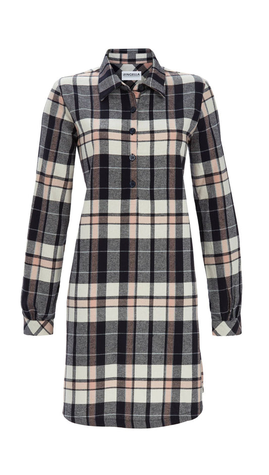 Ringella Flanellen Nachthemd met kraag - 5517005 - Donker blauw roze geruit