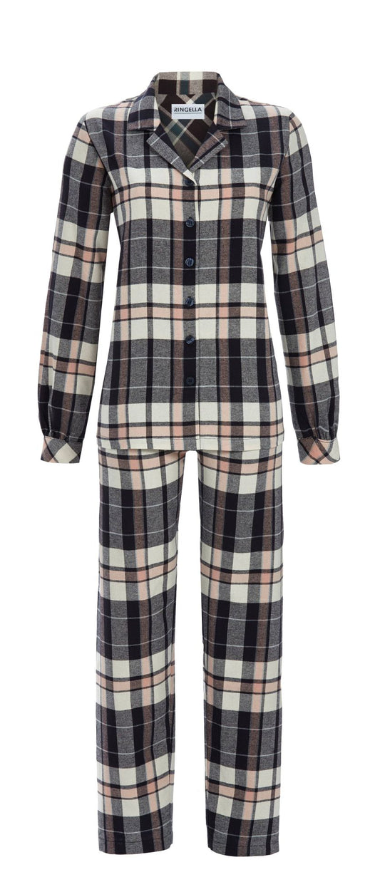 Ringella flannellen pyjama doorknoop - 5517205 - Donker blauw roze geruit